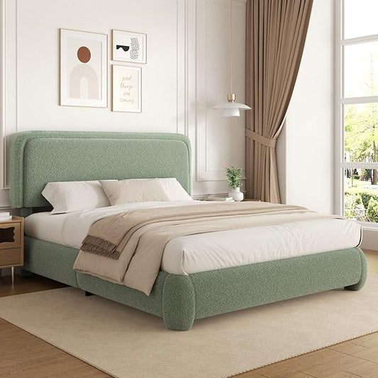 Queen Size Platform Bed Frame with Headboard, Boucle Upholstered Desige, Anti-Collision Corners, Soft Rounded Corners, No Box Spring Required, Easy Assembly, Noise Free