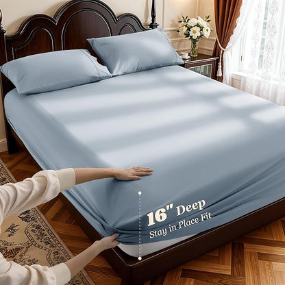 LBRO2M 1000 Thread Count 100% Egyptian Cotton Sheets Set Queen Size, 4 Piece Sets Bed Sheet Deep Pocket Sheet Set 16" Soft Comfortable All Season (Queen, French Blue)