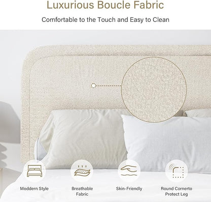 BarnFurin Boucle Upholstered Bed Frame King Size/Cloud Bed Frame/Soft Rounded Corners Headboard/Low Profile/No Box Spring Needed/Cream