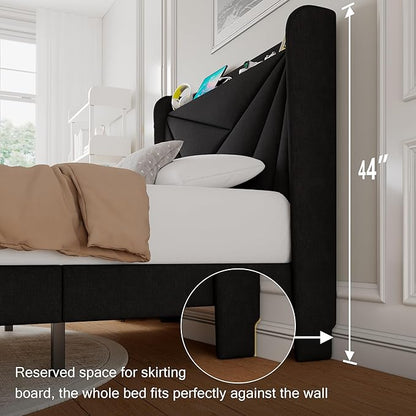 Twin Size Upholstered Bed Frame with Charging Station, Platform Bed Frame with Storage Headboard, Solid Wood Slats Support, No Box Spring Needed, Black