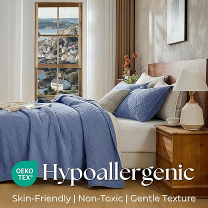 DOWN HOME Twin Quilt Set with Sham Lightweight Quilted Bedspread Coverlet Thin Comforter Bed Cover Vintage Washed Quilted Blanket for All Season, Brushed Microfiber Diamond Stitching, Blue, 66"x92"