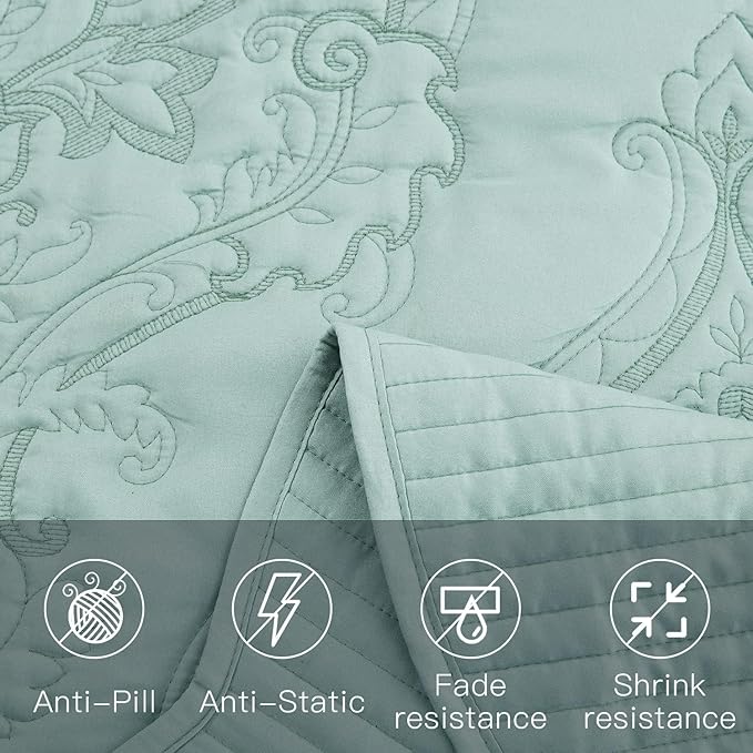 CHIXIN Oversized Bedspread Coverlet Set King Size - Lightweight Bedding Cover - Beautiful Stitching - 5 Piece Reversible Bedspread - Gorgeous Damask Paisley Pattern (King, Seaglass)
