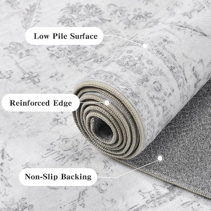 2x6 Hallway Washable Runner Rug Vintage Non-Slip Soft Kitchen Mat Boho Medallion Distressed Farmhouse Carpet Floral Low Pile Indoor Throw Rug for Entryway Bathroom Living Room Bedroom, Gray