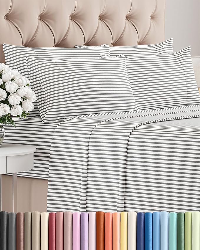 Full 6 Piece Sheet Set - Cooling, Comfy & Breathable - Hotel Luxury Bedding, Includes Fitted Sheet for Women, Men, Kids & Teens - 1 Flat, 1 Fitted Sheet, 4 Pillowcases w/Deep Pockets - Grey Stripes