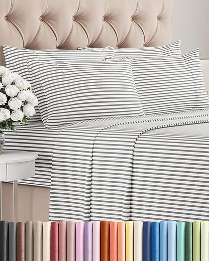 Full 6 Piece Sheet Set - Cooling, Comfy & Breathable - Hotel Luxury Bedding, Includes Fitted Sheet for Women, Men, Kids & Teens - 1 Flat, 1 Fitted Sheet, 4 Pillowcases w/Deep Pockets - Grey Stripes