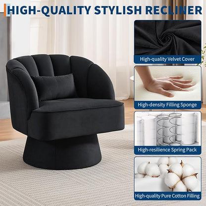 GarveeHome Modern Swivel Barrel Accent Chair, 360 Degree Velvet Upholstered Armchair with Striped Backrest & Plush Padding, Comfy Round Lounge Chair for Living Room, Bedroom, Reading Nook, Black