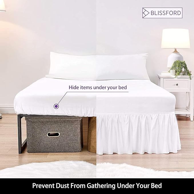 BLISSFORD White Bed Skirt Full Size 14 inch Drop - with Split Corners - Cotton Blend Ruffle Bed Skirt, Dust Ruffle with Platform, White Full Size Bedskirt, Machine Washable