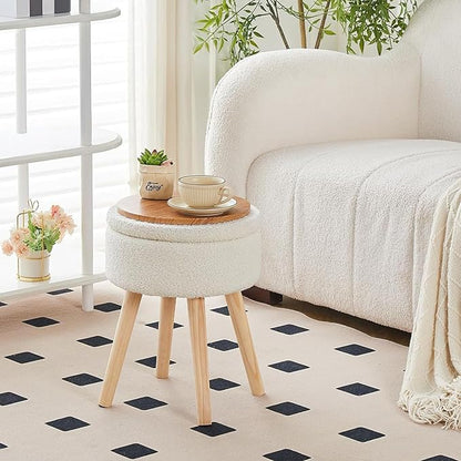 Mxfurhawa Storage Ottoman Foot Stool Teddy Velvet Round Vanity Stool Tray Top Footstool with Wood Legs Upholstered Foot Rest Ottoman for Living Room, Bathroom, Makeup (White)