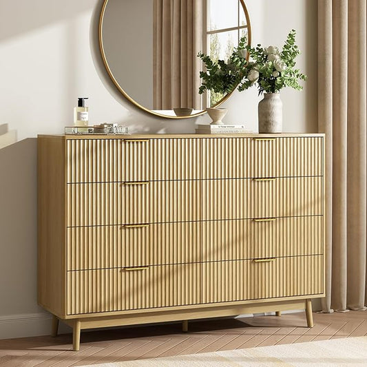 CARPETNAL Fluted 8 Drawer Dresser for Bedroom, 55" Wide Wooden Chest of Drawers with Rounded Corners, Gold Handles, Modern Storage Organizer for Bedroom, Hallway(Oak)