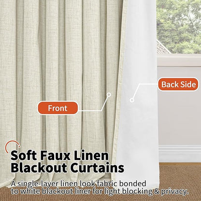 60 Inch Wide Linen Blackout Curtains for Bedroom 63 Inch Length 2 Panels, Total Black Out Thermal Insulated Energy Efficiency Grommet Boho Window Drapes White Liner for Modern Farmhouse, Natural