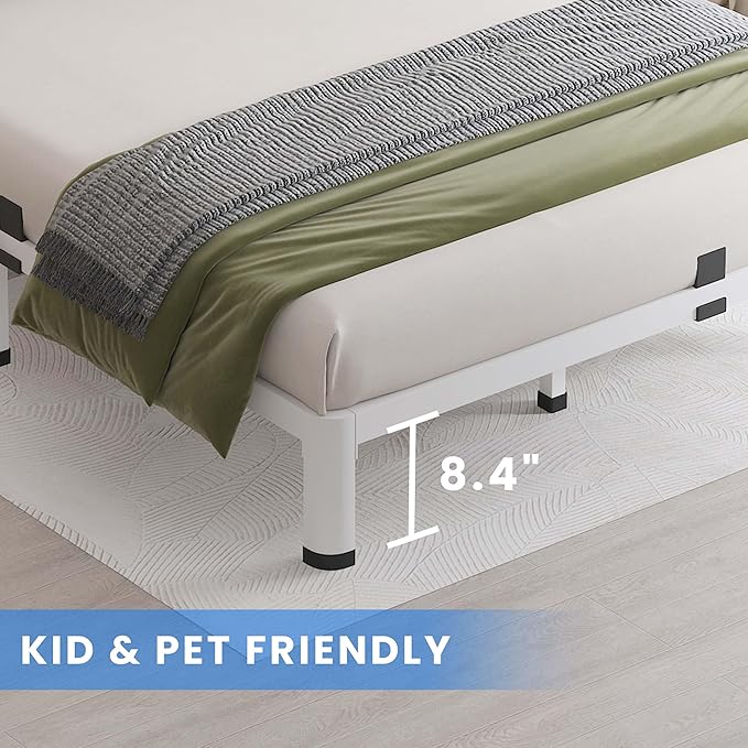 MAF 10 Inch Twin Bed Frames White with Round Corner Legs Mattress Slide Stopper No Box Spring Needed Heavy Duty Metal Platform Bed Frame Under-Bed Storage Space, 3000 LBS Steel Slats Support