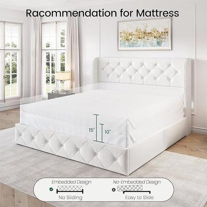 LARMACE Queen Size Bed Frame with 4 Storage Drawers and Wingback Headboard Velvet Upholstered Platform Bed Frame Tufted Beds with Wooden Slats Support, Easy Assembly, White