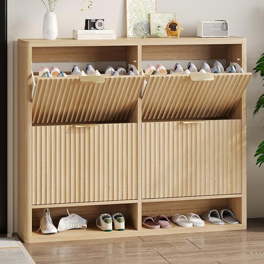 Fluted Shoe Cabinet Storage with 4 Flip Drawers, Narrow Shoe Storage Organizer for Entryway, Hidden Slim Wooden Shoe Rack Cabinet for Front Door Entrance, Hallway, Living Room (4-Drawer, Oak)