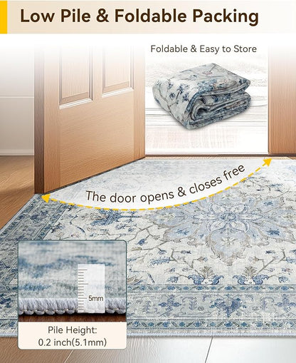 Area Rugs 10'x12' Washable Non-Slip, Floral Vintage Distress Print Pattern Medallion Carpet for Living Room Bedroom Dining Room, Light Blue Navy Beige Gray White