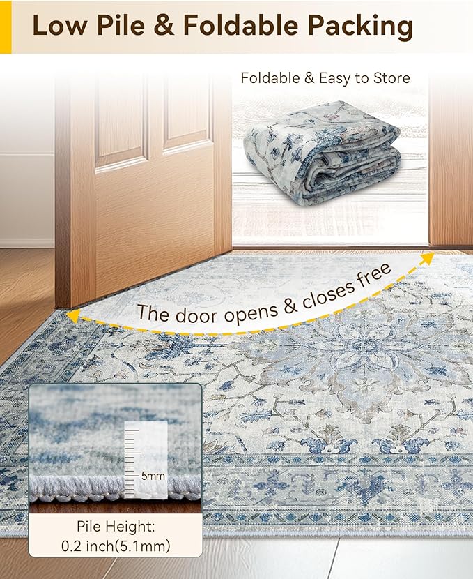 Area Rugs 2'6''x14' Washable Non-Slip, Floral Vintage Distress Print Pattern Medallion Carpet for Living Room Bedroom Dining Room, Light Blue Navy Beige Gray White