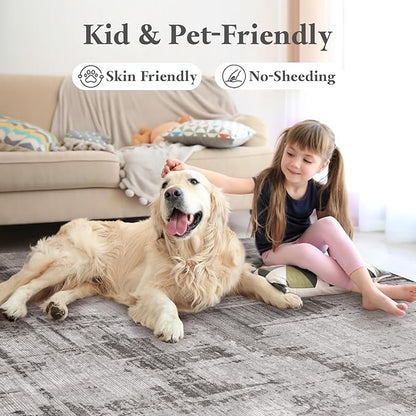 Machine Washable Area Rugs 8x10, Large Modern Abstract Rugs for Living Room Grey Indoor Floor Non-Shedding Carpets for Bedroom Dining Farmhouse Home Office | Grey