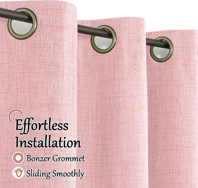 Baby Pink Linen Blackout Curtains for Nursery 90 Inch Length 2 Panels Set, Thermal Insulated Boho Total Black Out Noise Reducing Bonzer Grommets Window Curtains for Girls Bedroom, Each 52 Inch Wide