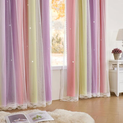 XiDi Curtains for Bedroom Decor, Rainbow Pink PurpleYellow34/90/1