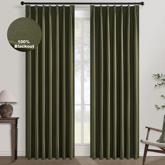 Topfinel Olive Green 102 Inches Long Custom Blackout Linen Curtains, Pinch Pleated Noise Cancelling Curtains with Pin Hooks for Traverse Rods, Viral Drapes 2 Panels for Living Room Master Bedroom