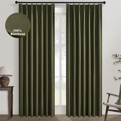 Topfinel Olive Green 102 Inches Long Custom Blackout Linen Curtains, Pinch Pleated Noise Cancelling Curtains with Pin Hooks for Traverse Rods, Viral Drapes 2 Panels for Living Room Master Bedroom
