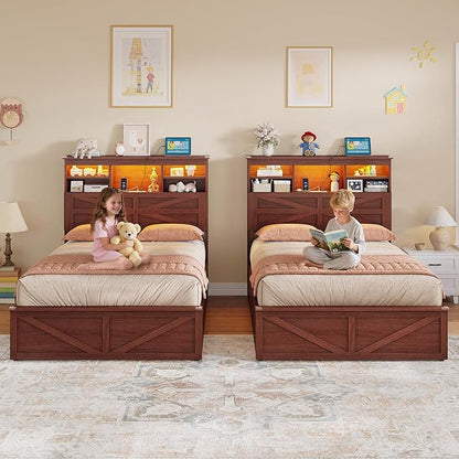 AOGLLATI Farmhouse Twin Bed Frame with Lift Up Storage & Hidden Bookcase Storage Headbord, Wood Bed Frame Twin with Charging Station, Led Lights, No Box Spring Needed, Brown