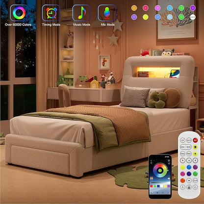 Twin LED Bed Frame with Storage Headboard & Charging Station, Kids Bed Frames with Bookcase, Teddy Fleece Upholstered Platform Bed Frames with 1 Storage Drawer, No Box Spring Needed, Beige
