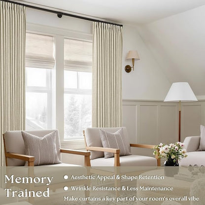 Linen Pinch Pleated Linen Curtains 2 Panels for Living Room Bedroom Memory Training Shaped Semi Sheer Pleat Drapes with Hooks Rings Light Filtering Window Curtain 40x80