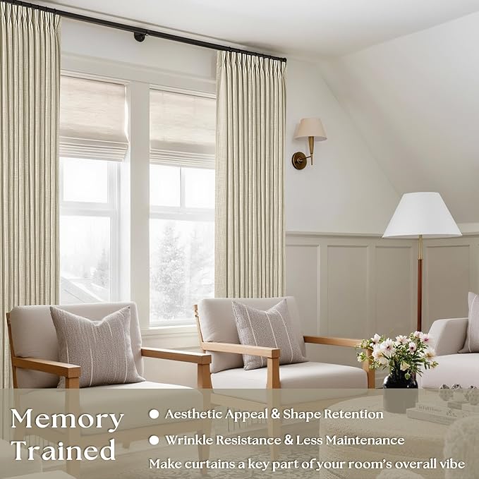 108 Inch Linen Curtains 2 Panels Set Pinch Pleated for Living Room Bedroom Memory Training Shaped Semi Sheer Neutral Beige Tan Flax Burlap Pleat Drapes Hooks Rings Light Filtering Window Curtain