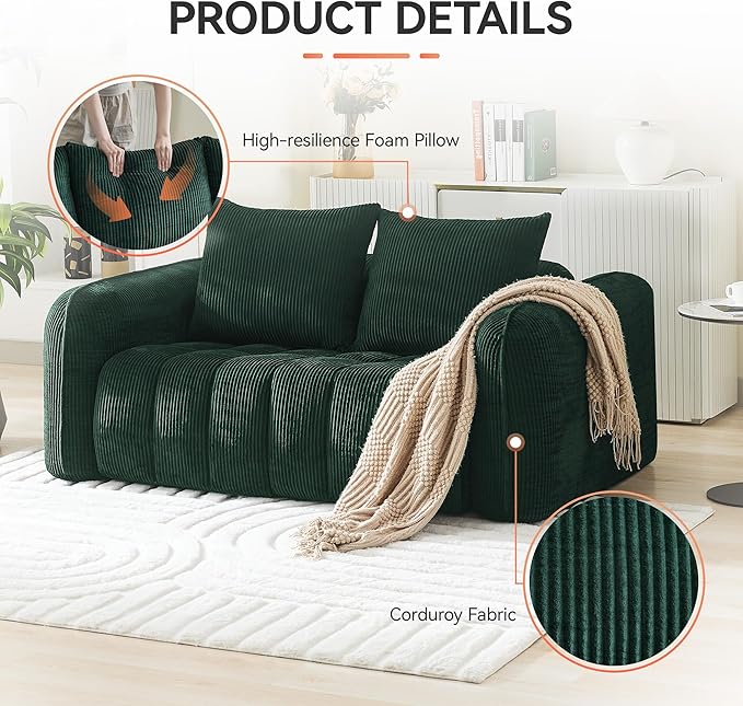 Corduroy Boneless Living Room Sets, Modern Upholstered Loveseat with 2 Signle Sofa Chairs, Comfy Deep Seat Cloud Sofa Couch Sets for Living Room, Green