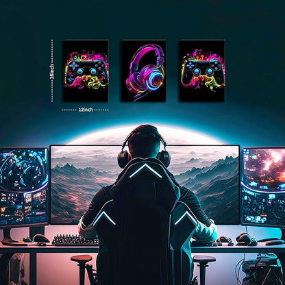BGFCE Game Room Decor Set of 3, Neon Gaming Video Game Room Wall Art, Gaming Canvas Paintings Posters Prints for Teen Boys Room Children Teen Wall Decor Framed 12x16 in