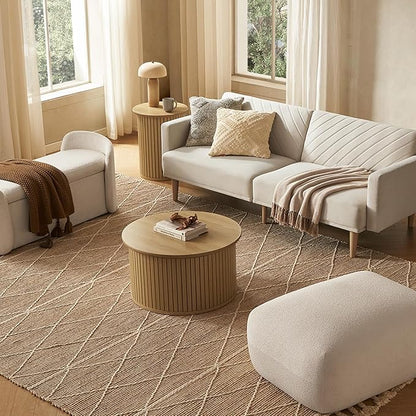mopio Quin Tambour Round Circle Coffee Table with Storage, Drum Accent, Mid Century Modern, Wood, Fluted Center, Tea Table with Removable Lid, Living Room (Oak)