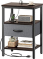 SUPERJARE Nightstand with Charging Station, Bed Side Table with Adjustable Fabric Drawer, Night Stand for Bedroom, 3-Tier Storage End Table, for Living Room - Walnut