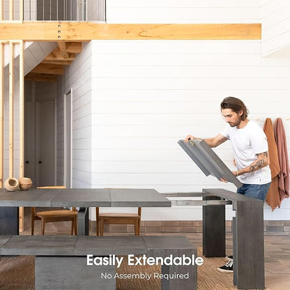 Transformer Table - Solid Wood Extendable Dining Table, Seats 2-12, Extendable Dining Room Table, Space-Saving Furniture, Expandable Dining Furniture (Dark Grey, Table + 2 Benches)