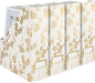 BLU MONACO | Set of 4 Foldable Magazine Storage Boxes with Gold Floral Pattern | Decorative Vertical File Organizers with Gold Label Holders for Desk, Shelves & Home Office