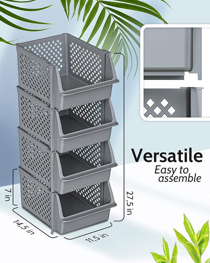 TidyFriend Plastic Stackable Storage Bins for Pantry, 4 Pack Stackable Bins For Organizing Food, Kitchen, and Bathroom Essentials (Grey)