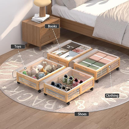 Under Bed Storage Containers with Wheels, Larger Bamboo Wood Under Furniture Storage Containers with Dust Bags，Rolling for Shoes Clothes