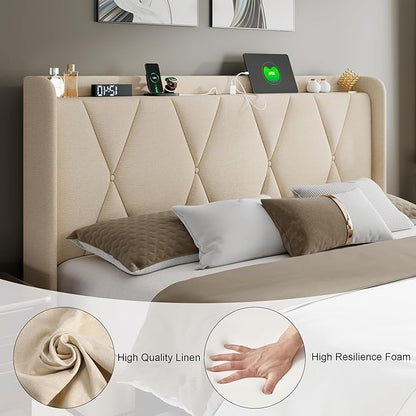 Feonase Queen Bed Frame with 4 Storage Drawers, Upholstered Button Tufted 4" Storage Headboard with Fast Charging Station, Heavy Duty Slats Support, No Box Spring Needed, Noise-Free, Beige