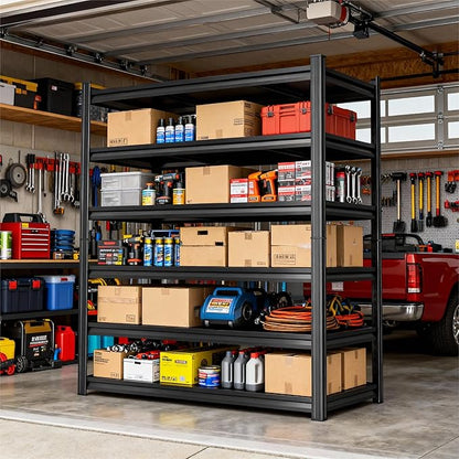 Storage Shelves, Garage Metal Shelving Unit, Adjustable, Double-Layer Column with Reinforced Ribs, Heavy-Duty, Capable of Bearing 600-3600 lbs (Black, 47''W*24''D*77''H, 6-Tier)
