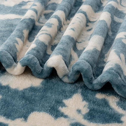 Berkshire Blanket-Classic Heavyweight Soft Printed VelvetLoft® Plush Blanket, Full/Queen Size Soft Fuzzy Warm Blanket for Couch Sofa Bed, Floral Blue, 90in x 90in