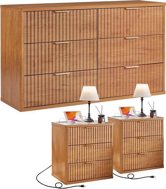 LEYAOYAO 48" Wide Fluted Dresser and 3 Drawers 23" Nightstand Set of 2, Wooden Dresser & Night Stand with Charging Station, 3 Piece Bedroom Furniture Set, Wood Chest of Drawer for Living Room,Brown