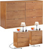 LEYAOYAO 48" Wide Fluted Dresser and 3 Drawers 23" Nightstand Set of 2, Wooden Dresser & Night Stand with Charging Station, 3 Piece Bedroom Furniture Set, Wood Chest of Drawer for Living Room,Brown