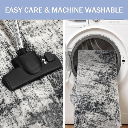 IOHOUZE Abstract Runner Rug 3x8 Ft Washable Runners for Hallways, Non Slip Kitchen Runner Printed Faux Wool Entryway Runner Indoor, Modern Abstract Floor Carpet for Hall Kitchen Bedroom, Black Grey