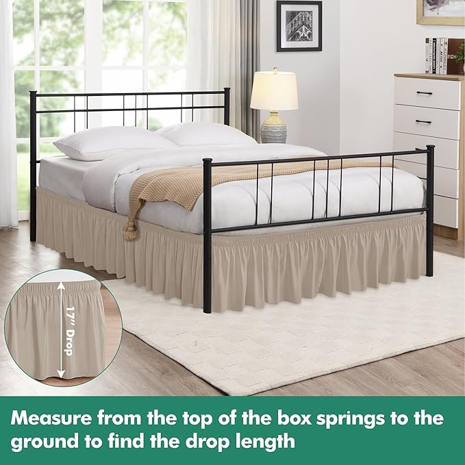 Biscaynebay Wrap Around Bed Skirts with Split Corners for King Beds 17" Drop, Light Camel Elastic Dust Ruffles Easy Fit Wrinkle & Fade Resistant Silky Luxurious Fabric Solid Machine Washable