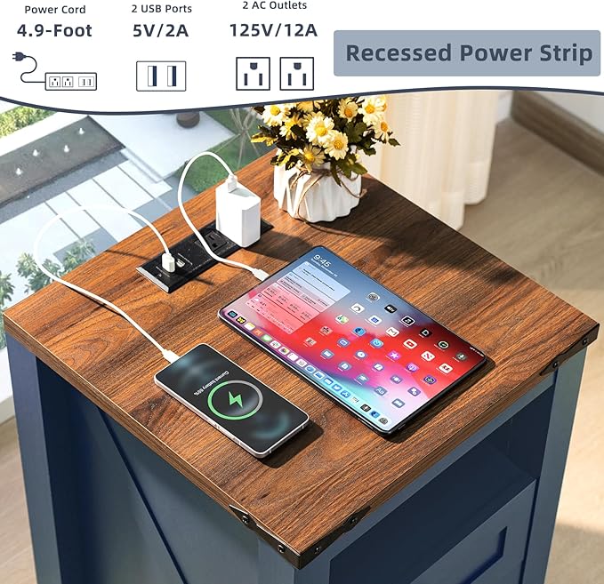 Joaxswe Nightstand with Charging Station, Farmhouse Night Stand with 2 Drawers and Shelf Storage, Blue Wooden Side End Table, Bedside Cabinet for Bedroom, Living Room, Closet,Office