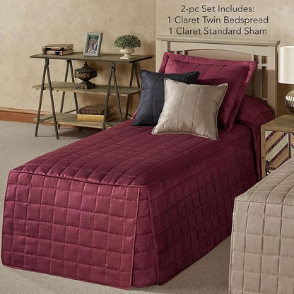 Touch of Class Camden Luxury Bedding | Neutral Claret Color | Classic Fitted Bedspread | Faux Suede Box Quilted Design | Designed 2 Piece Set Includes Twin Bedspread and 1 Standard Sham