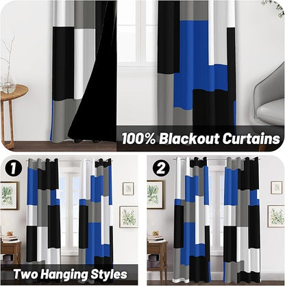 Royal Blue 100% Blackout Curtains for Bedroom 84 inch Long 2 Panels Set Modern Abstract Geometric Black Out Curtains Blue Gray Insulated Room Darkening Window Drapes for Living Room, 52Wx84L
