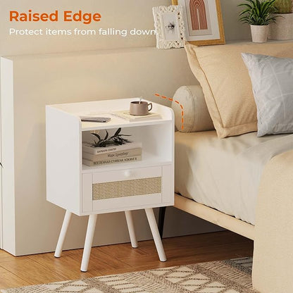 SUPERJARE Nightstands with Charging Station, Bedside Table Set of 2 with PE Rattan Drawers, Rattan Side Table with Storage & Solid Wood Feet, End Table for Bedroom, White