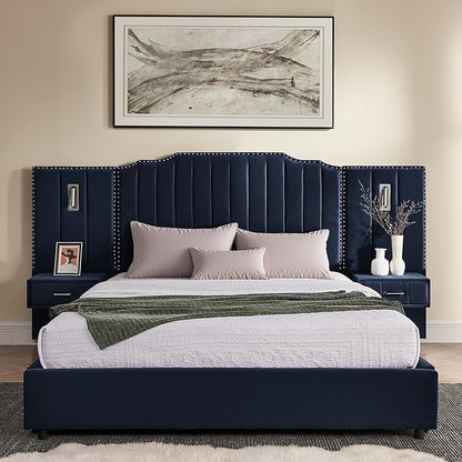 Luxury Queen Bed Frame with Headboard and Storage, Velvet Fabric Upholstered Platform Bed Frame Queen Size with LED Lights, Solid Frame & Bedside Table, No Box Spring Needed, Dark Blue