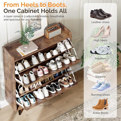 VINGLI Shoe Storage Cabinet for Entryway with 2 Flip Drawers, Ultra Slim Freestanding Entryway Shoe Organizer with Wood Tapered Legs,Hidden Closed Shoe Rack,31.6" W * 9.4" D * 39.4" H, Rustic Brown