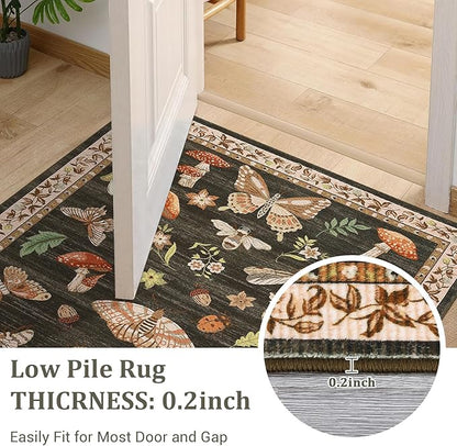 Mushroom Small Rug 2x3 Washable Door Mat Indoor Rugs for Entryway Non-Slip Soft Ultra-Thin Stain Resistant Foldable Rugs Kitchen Bedroom Living Room Brown